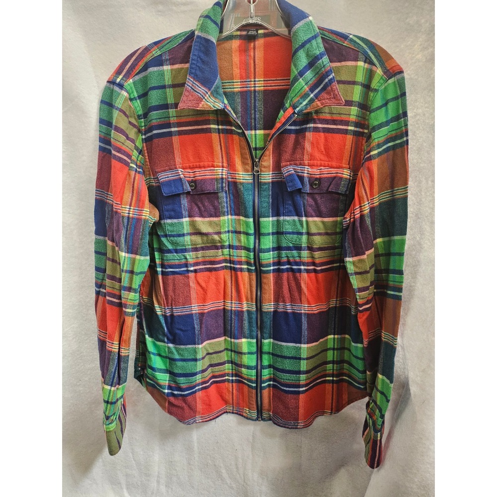 Chaps Denim Mens Large Multicolor Plaid Full Zip Flannel Shirt Jacket Red Green
